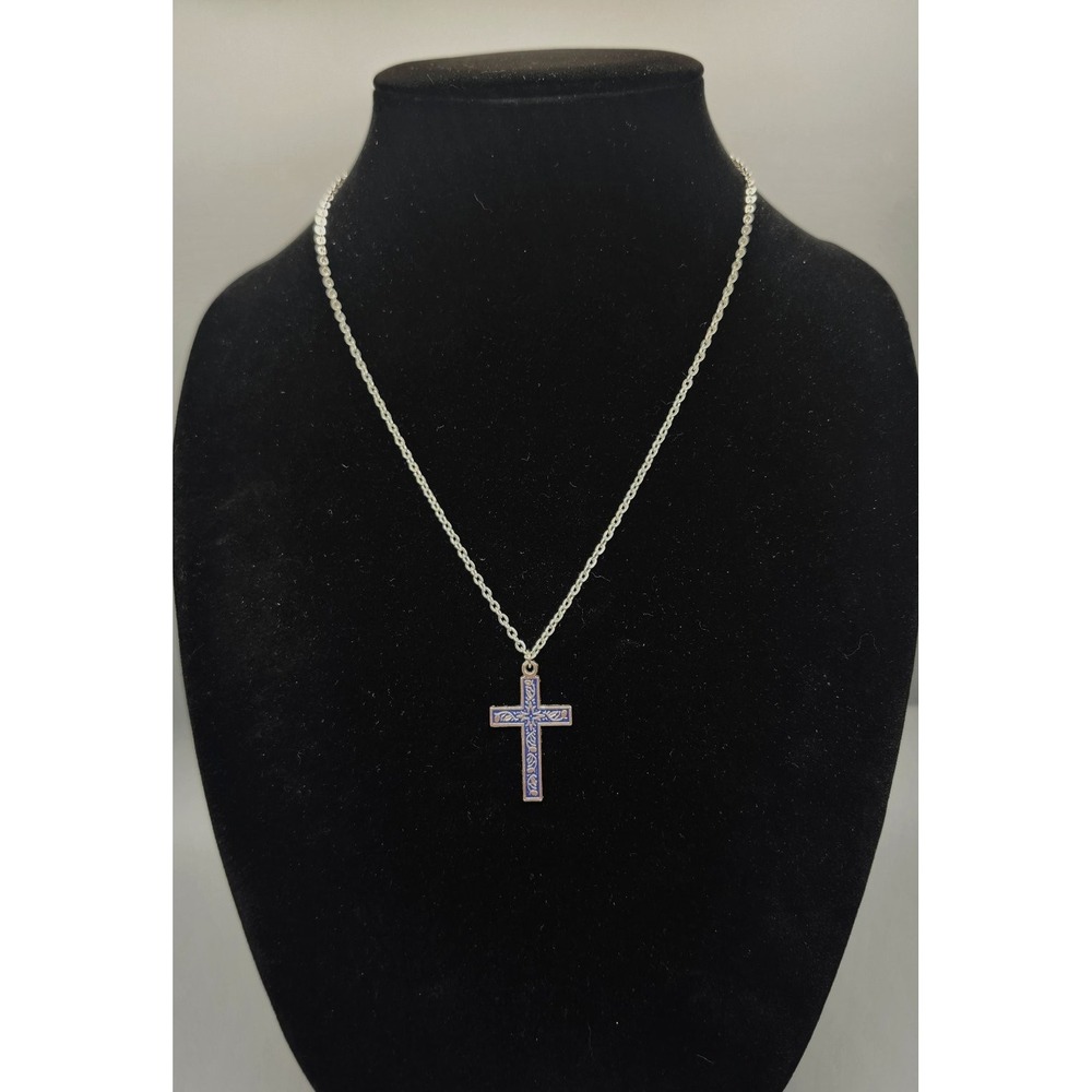 Silver Tone Blue Enamel Cross Pendant Necklace Religious Scrollwork Fashion